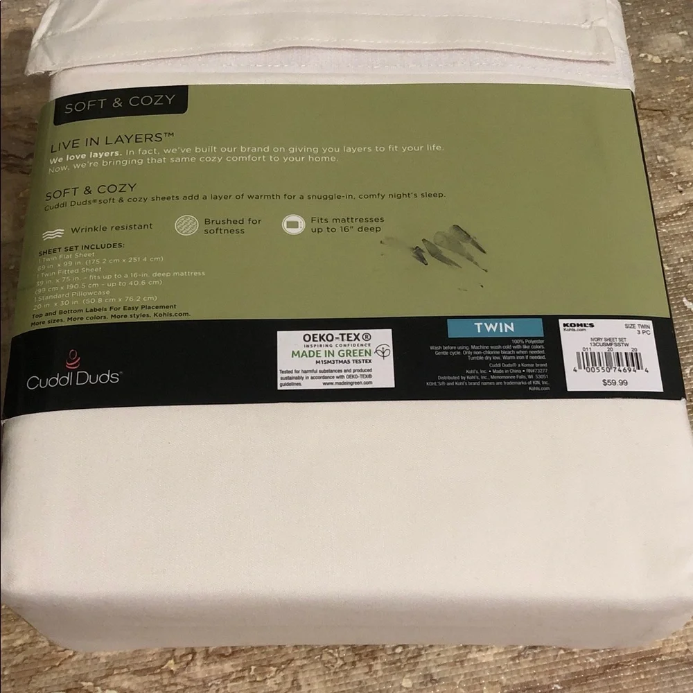 🆕Cuddl Duds White Sheet Set Twin  NWT